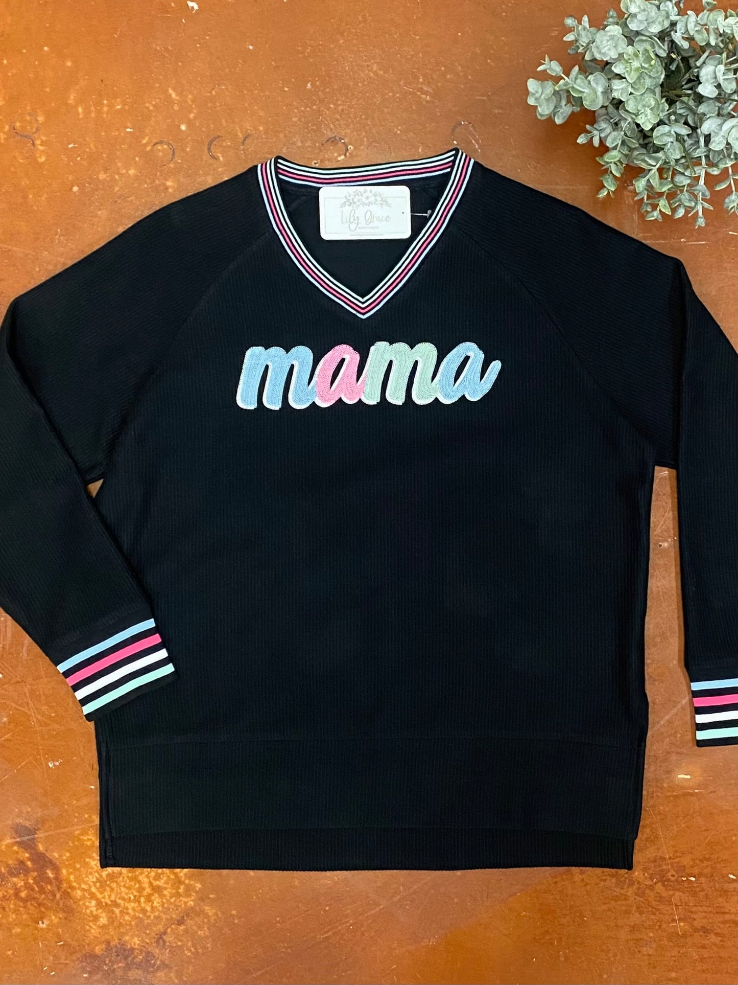 "Mama" Embroidered Corded Ribbed Pullover