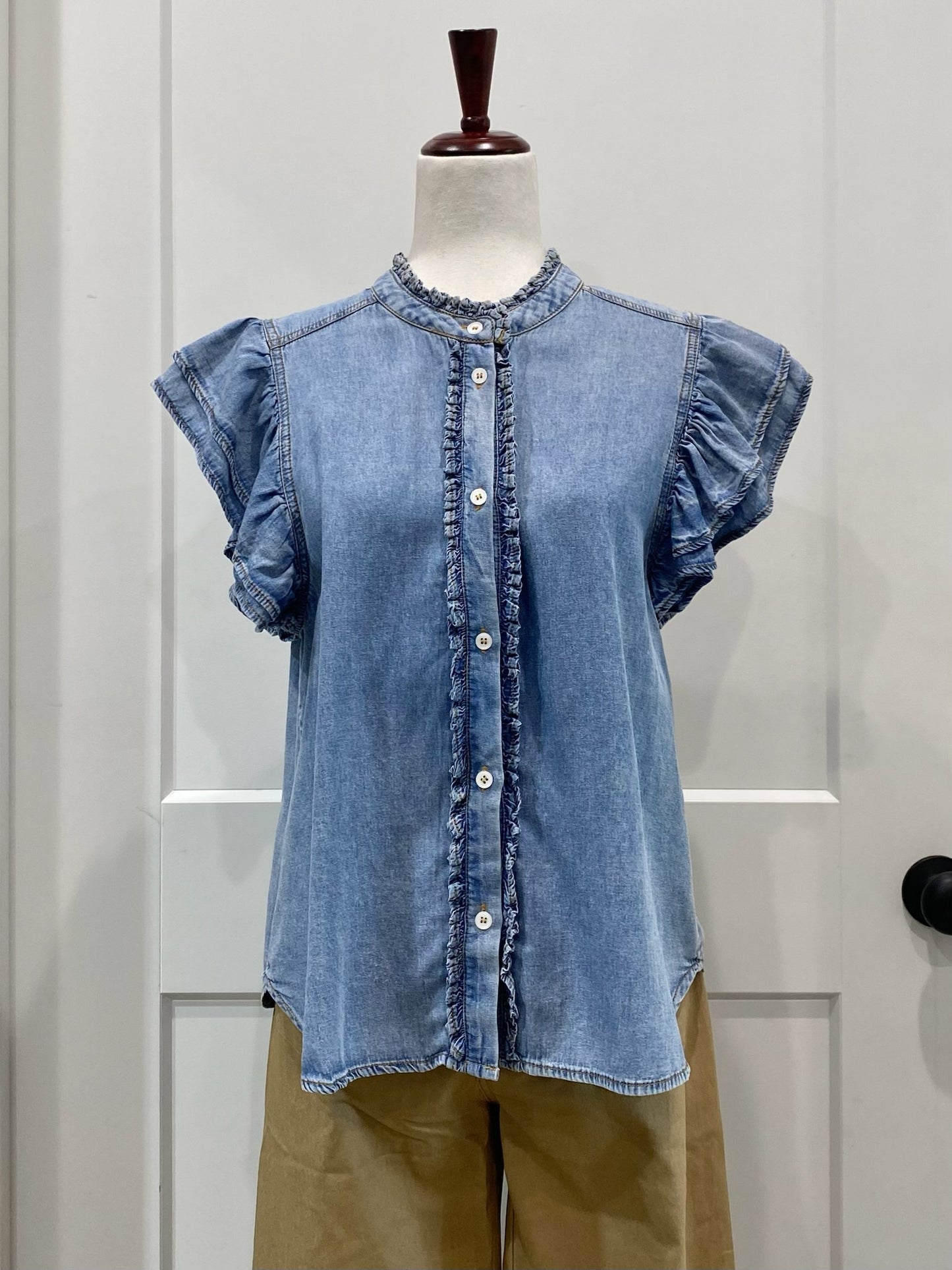 Ruffle Trim Chambray Top