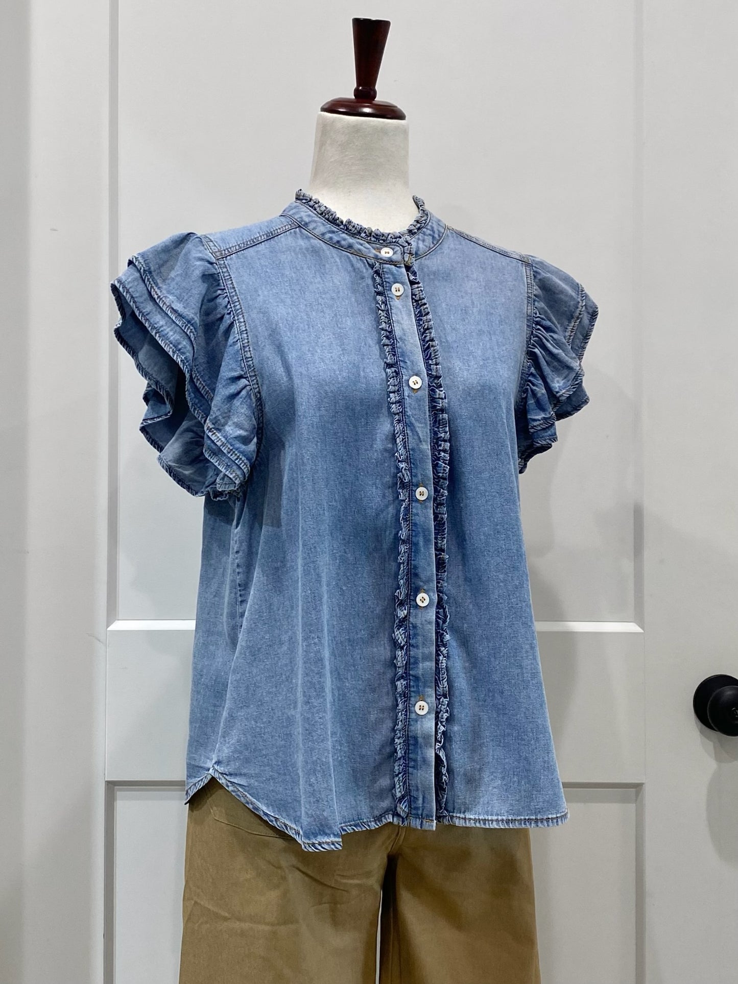 Ruffle Trim Chambray Top