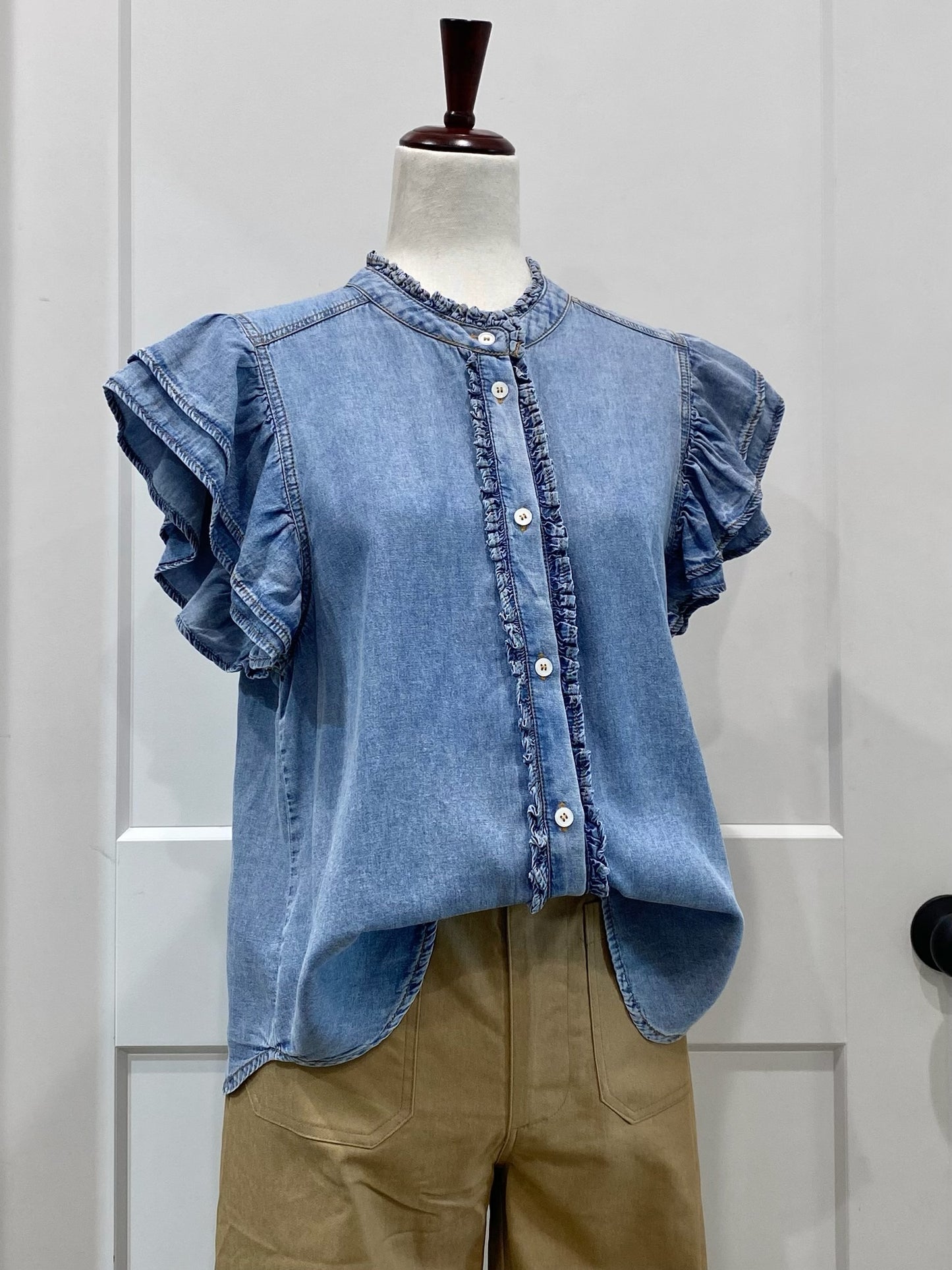 Ruffle Trim Chambray Top