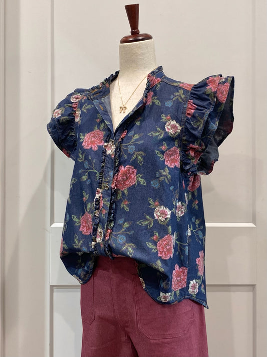 Mineral Wash Floral Ruffled Top