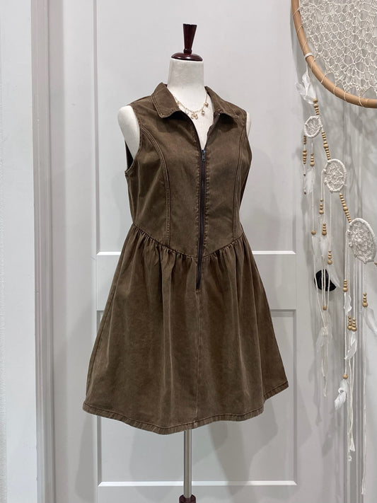 Sleeveless Zip Up Twill Mini Dress