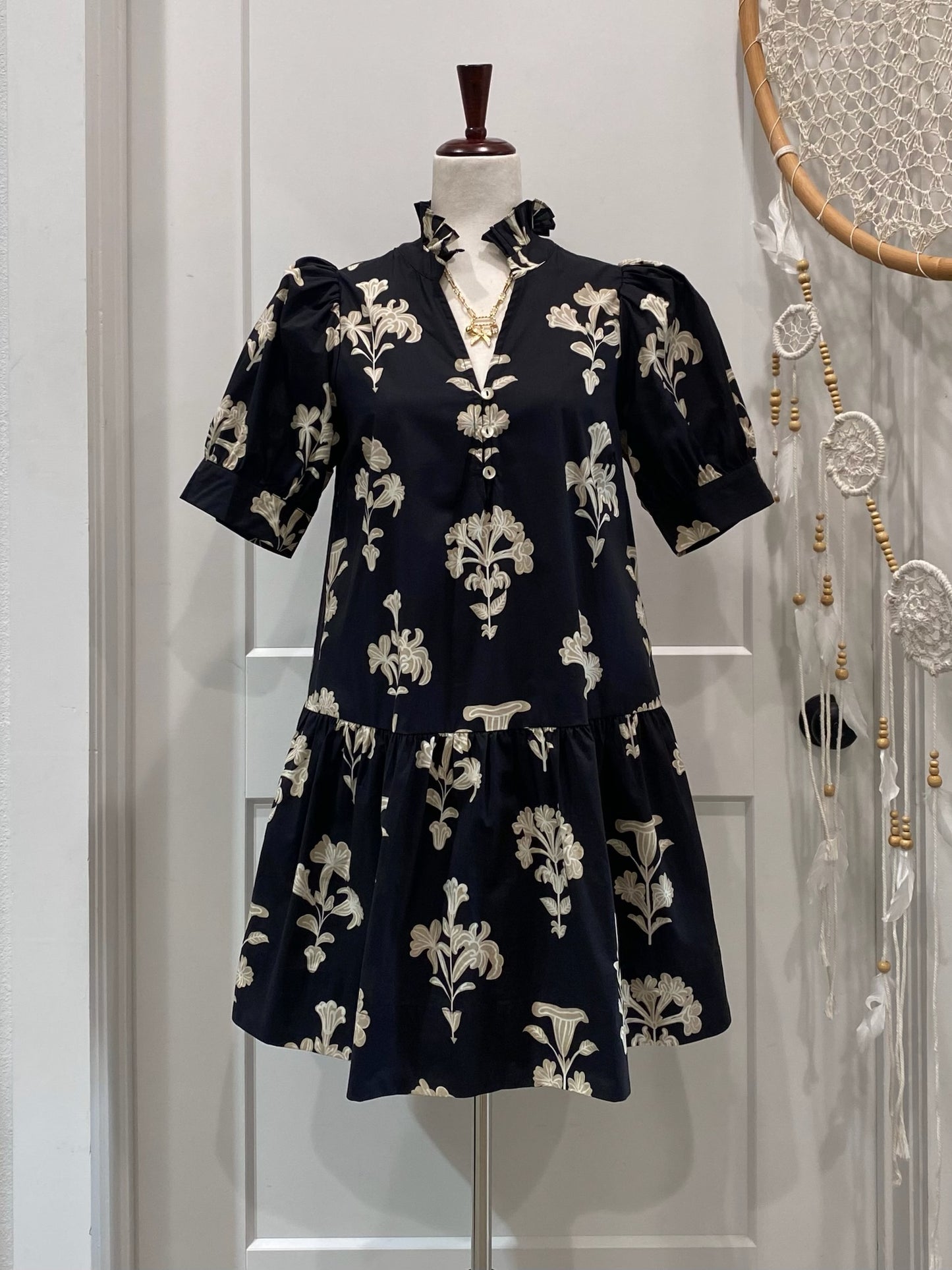 Puff Sleeve Ruffle Hem Dress