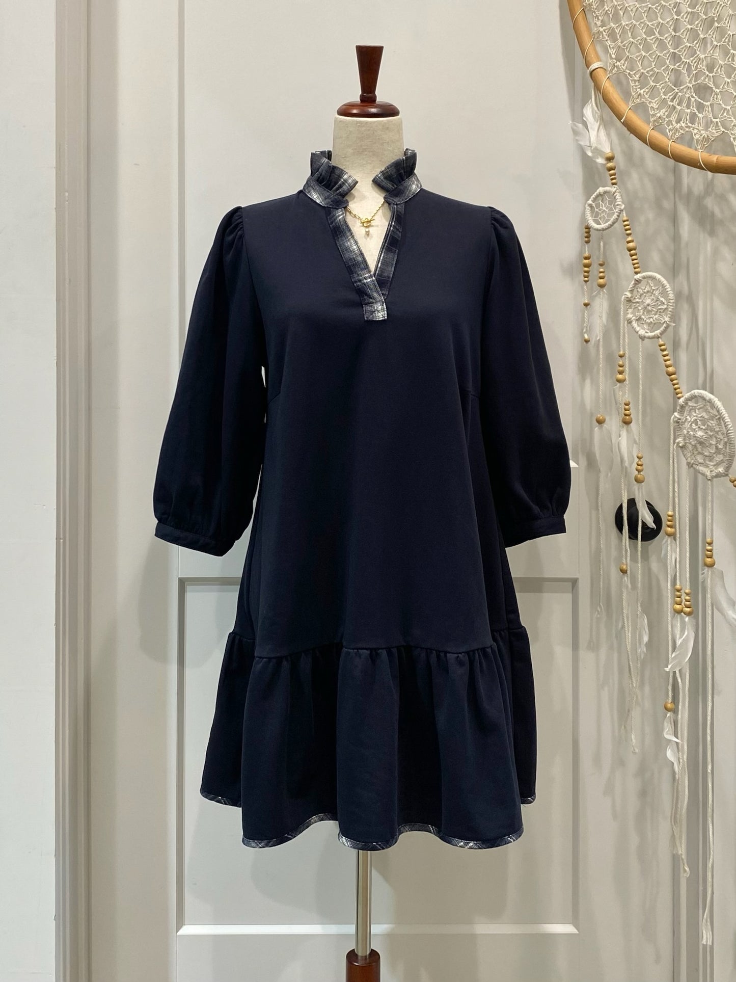 French Terry Ruffle Hem Dress with Plaid Trim