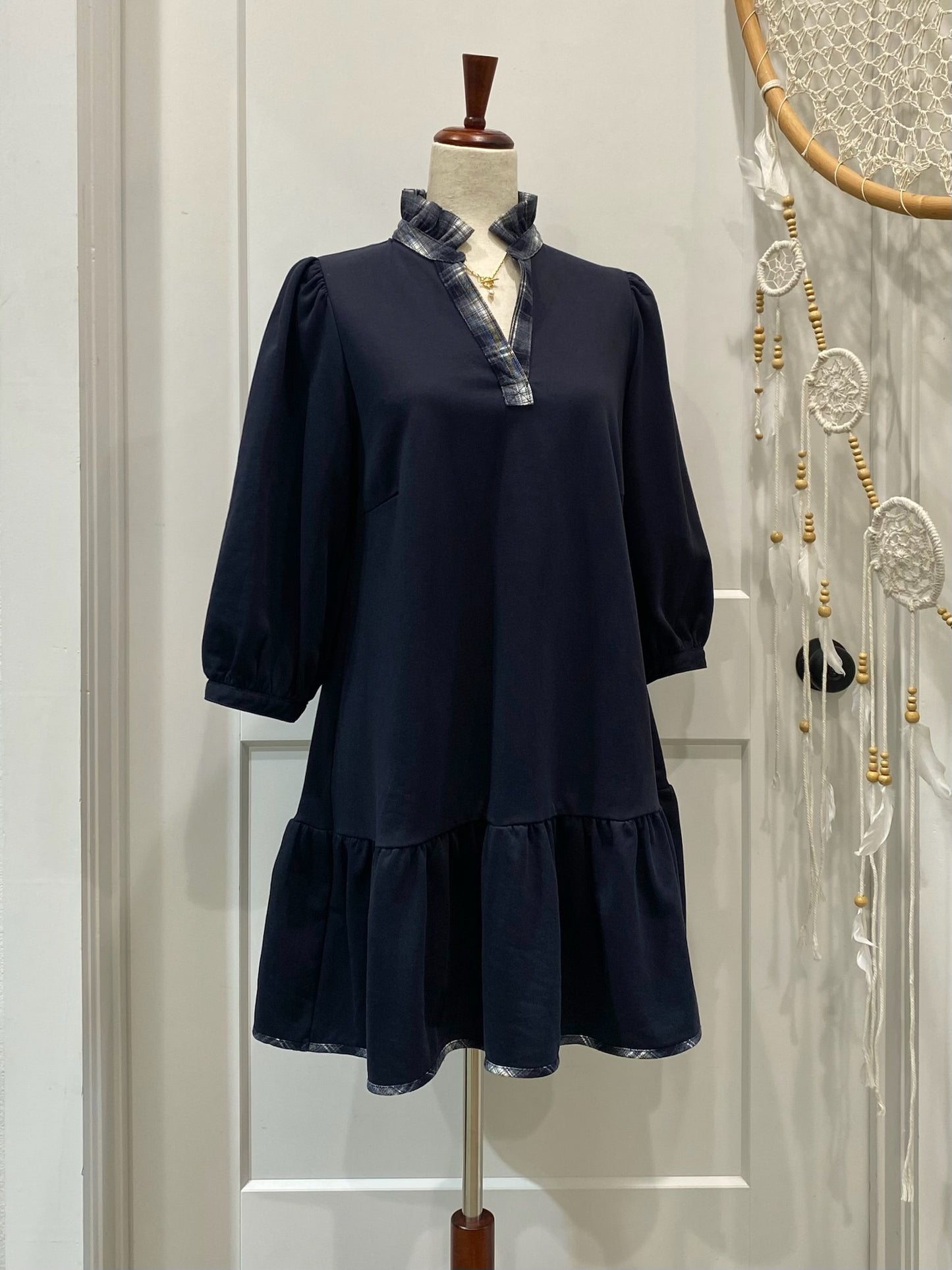 French Terry Ruffle Hem Dress with Plaid Trim