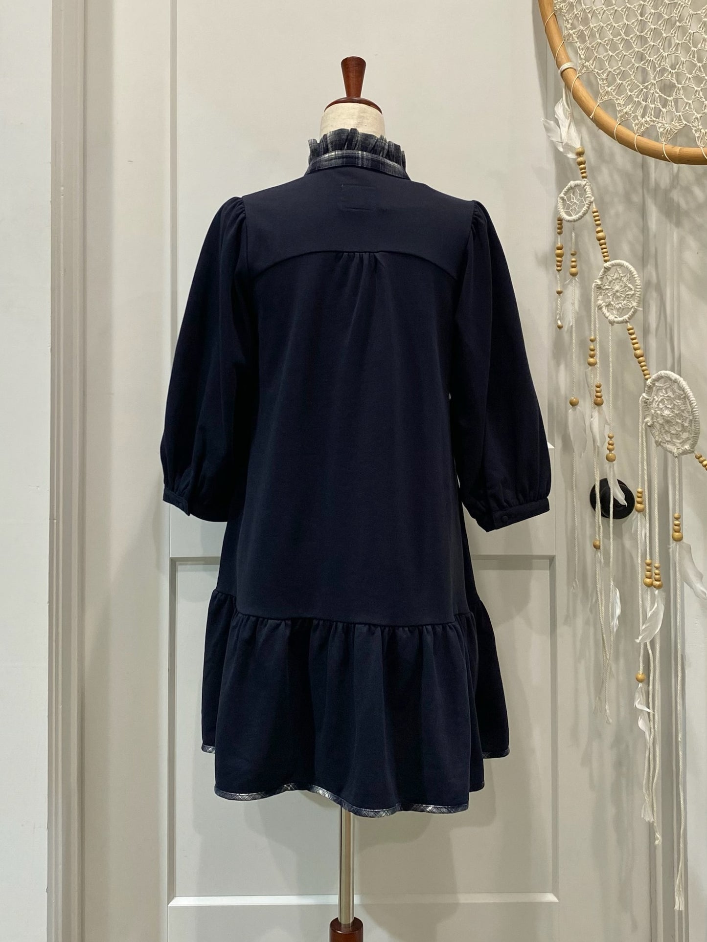 French Terry Ruffle Hem Dress with Plaid Trim