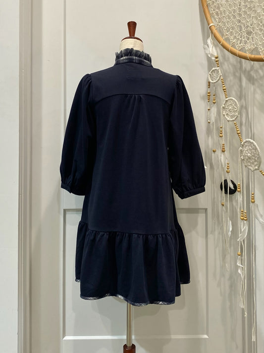 French Terry Ruffle Hem Dress with Plaid Trim