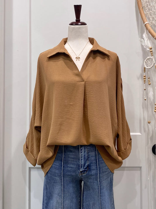 Collared 3/4 Sleeve Top in Coco