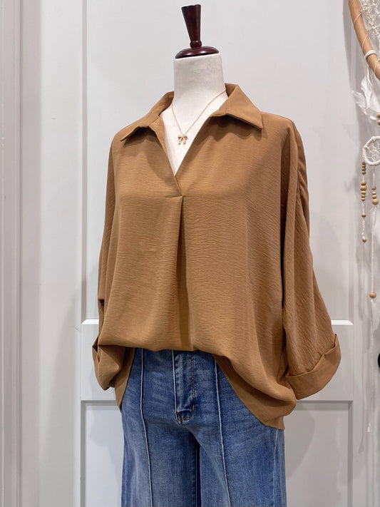 Collared 3/4 Sleeve Top in Coco