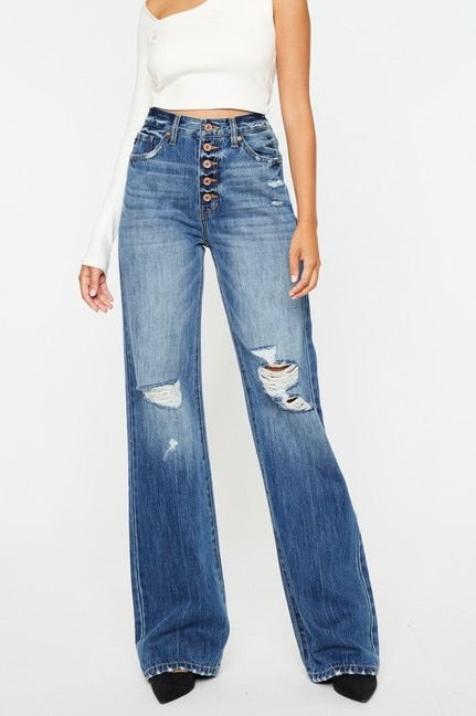 Ultra High Rise Exposed Button 90's Flare Jeans