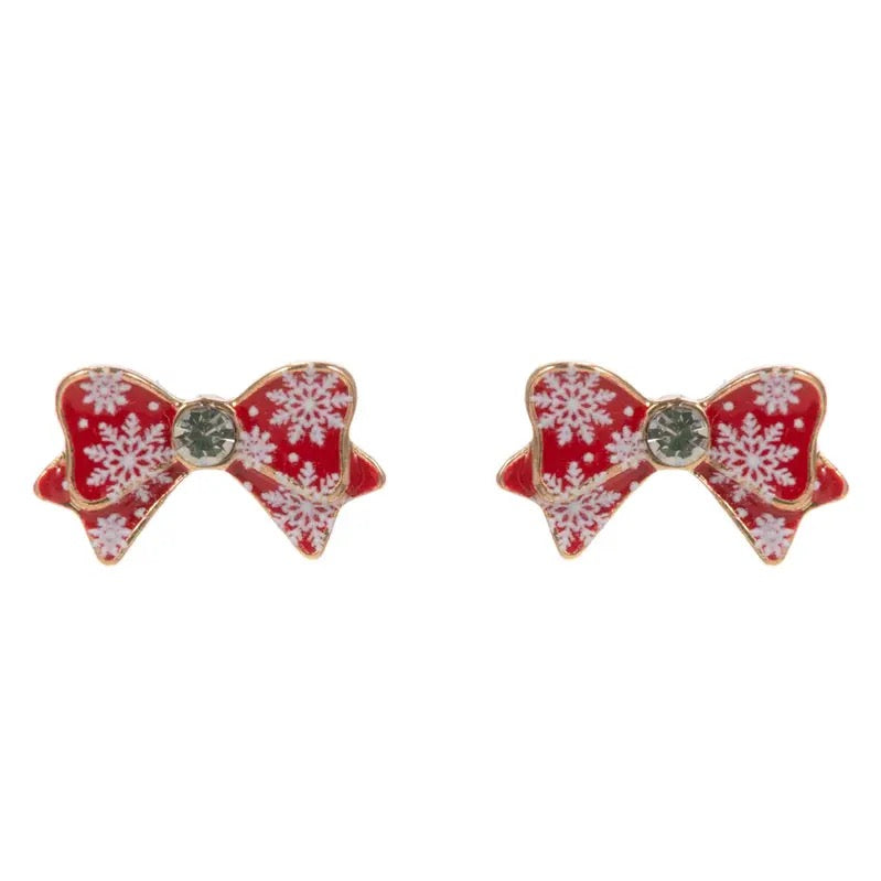 Red and White Snowflake Bow Stud Earring