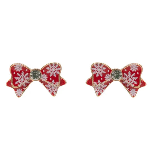 Red and White Snowflake Bow Stud Earring