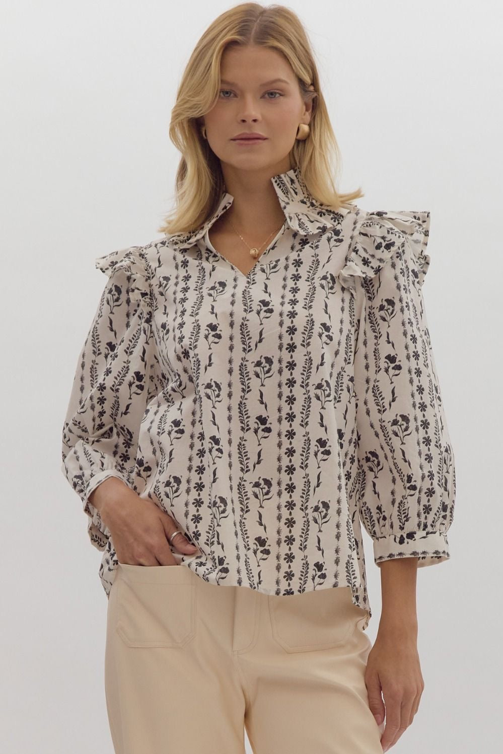 Ruffle Neck Floral Top
