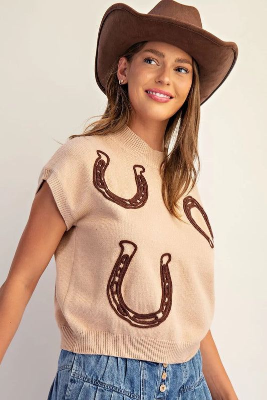 Horseshoe Embroidered Mock Neck Sweater