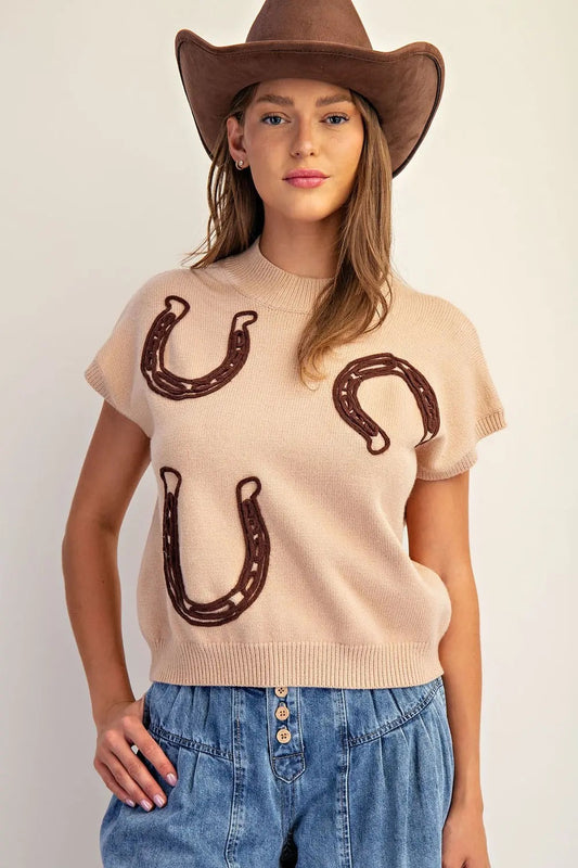 Horseshoe Embroidered Mock Neck Sweater