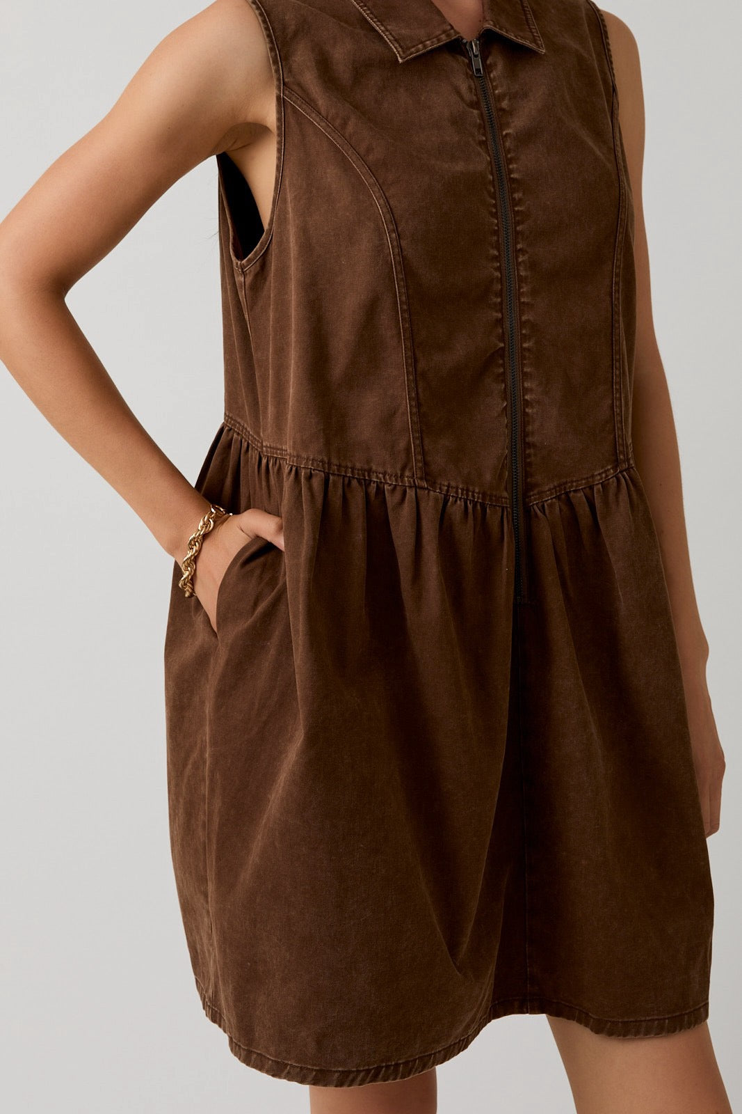Sleeveless Zip Up Twill Mini Dress