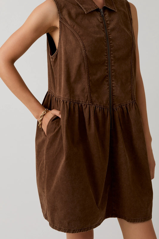 Sleeveless Zip Up Twill Mini Dress