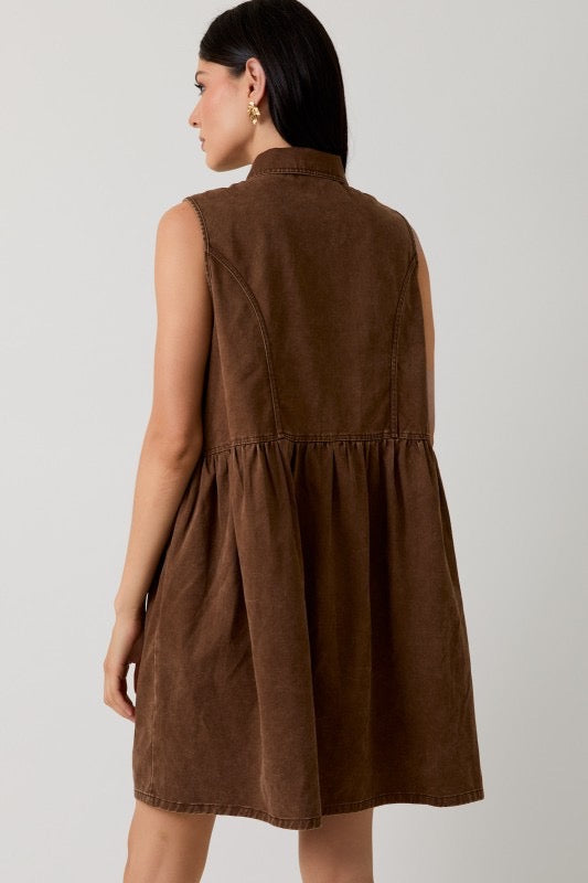 Sleeveless Zip Up Twill Mini Dress