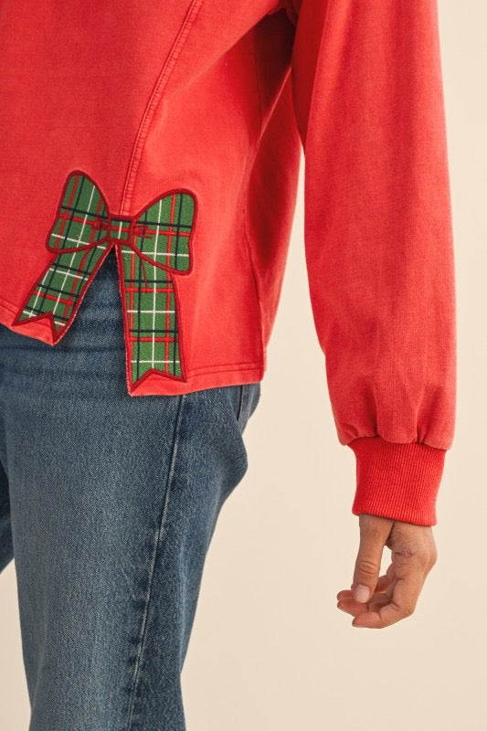 Christmas Plaid Bow Embroidered Sweatshirt