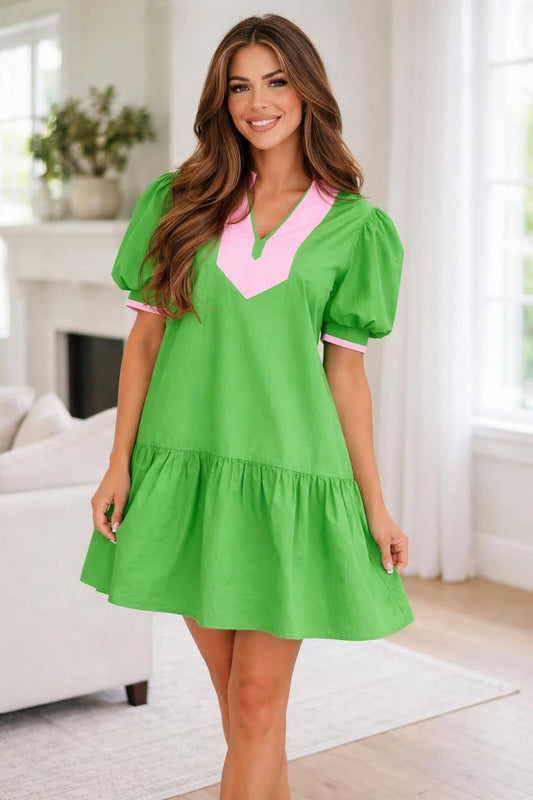 Green Colorblock Ruffle Dress