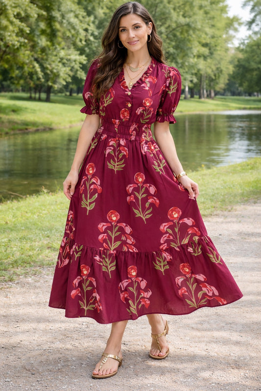 Red Floral Frilled Maxi Dress