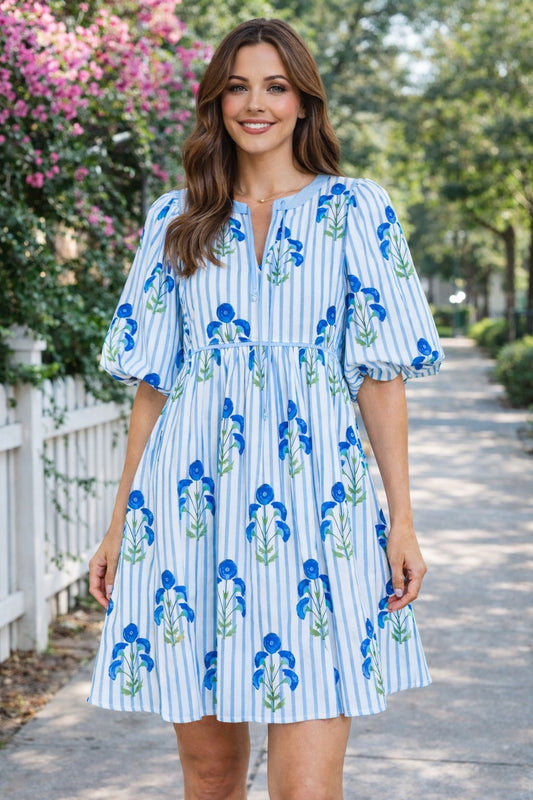 Blue Floral Striped Dress