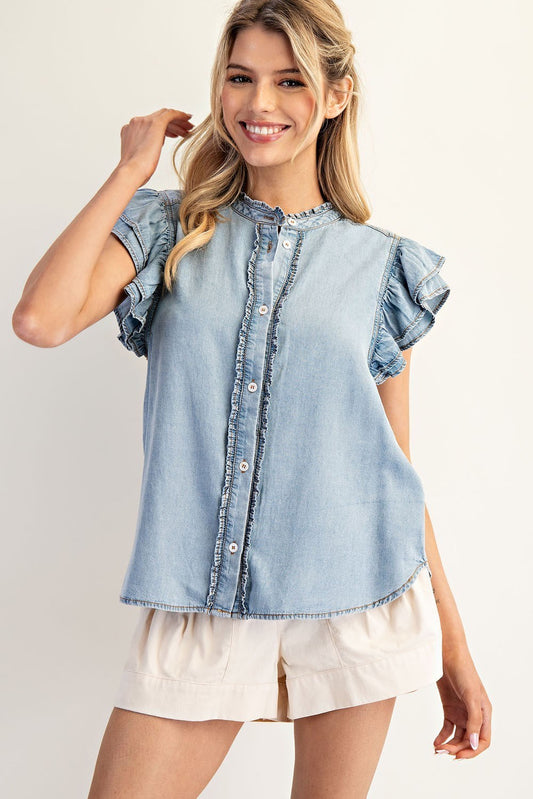 Ruffle Trim Chambray Top