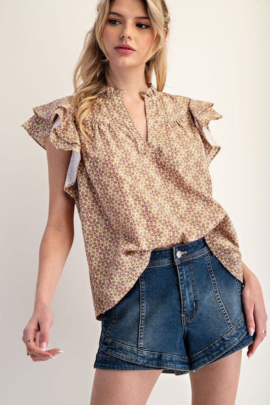Mocha Rose Ruffle Sleeve Top