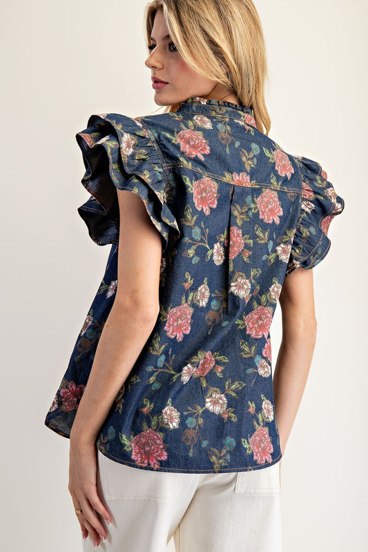 Mineral Wash Floral Ruffled Top