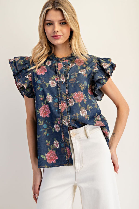 Mineral Wash Floral Ruffled Top