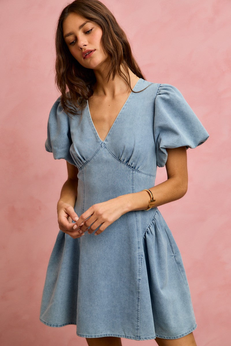 denim fit and flare dress SO ME Bubble Sleeves Denim Fit And Flare Mini Dress LIGHT Denim / L