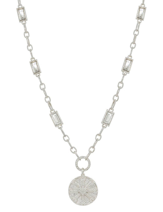 Rectangle Crystal Chain and Silver Hammered Coin Necklace