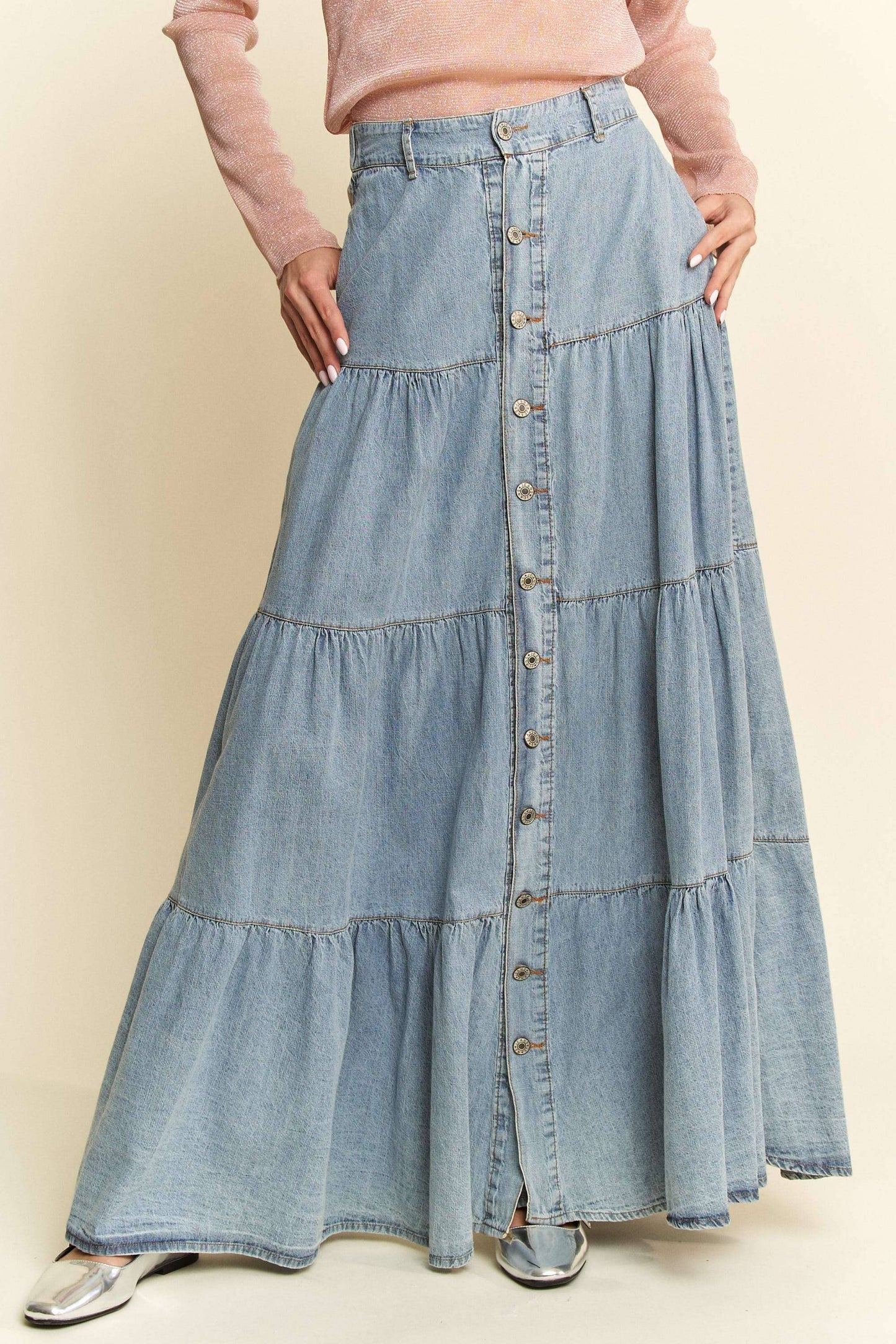 Denim Ruffle Hem Maxi Skirt
