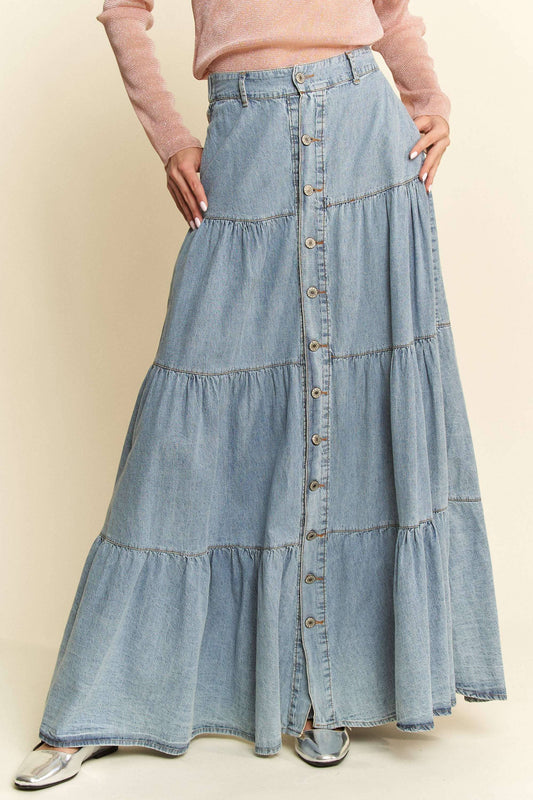 Denim Ruffle Hem Maxi Skirt