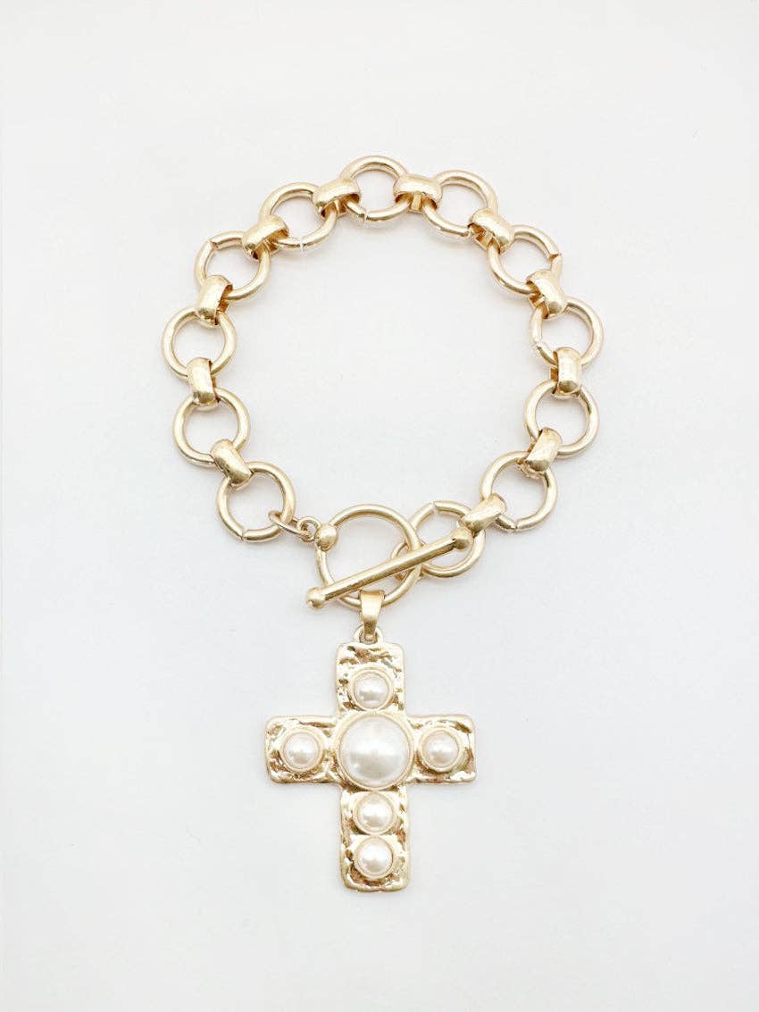 Hammered Cross with Pearl Accent Charm Bracelet