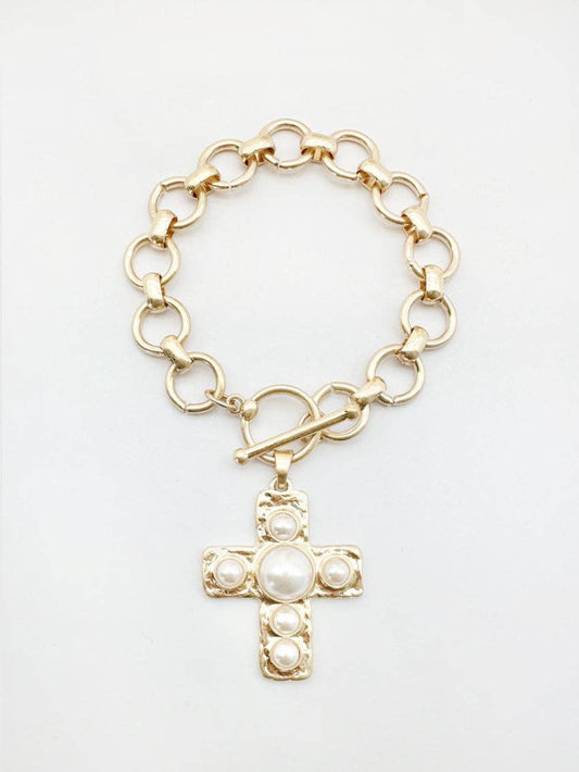 Hammered Cross with Pearl Accent Charm Bracelet