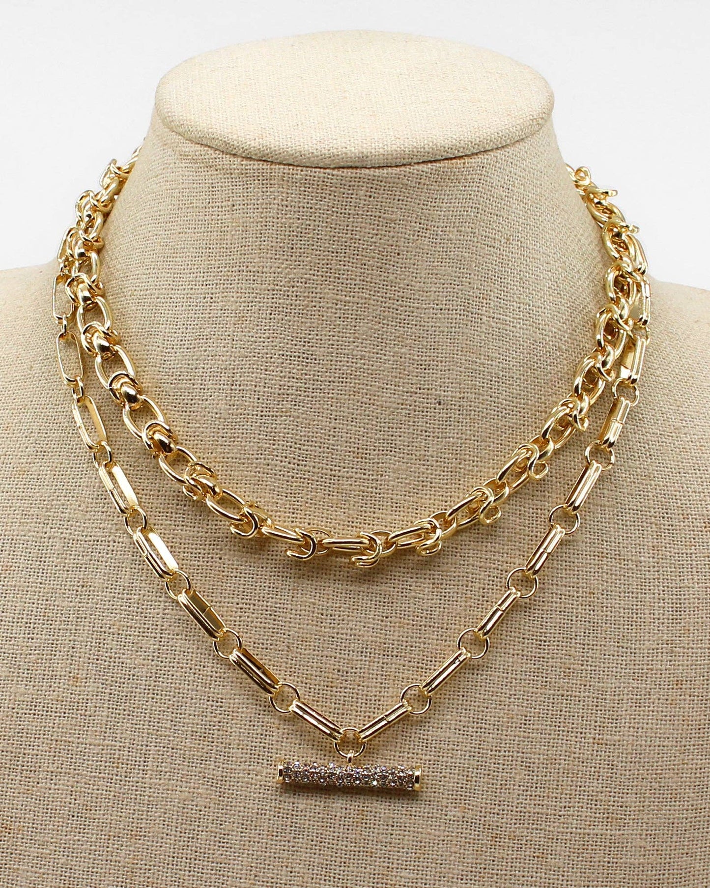 Double Layered Chain with Rhinestone Bar Accent Necklace