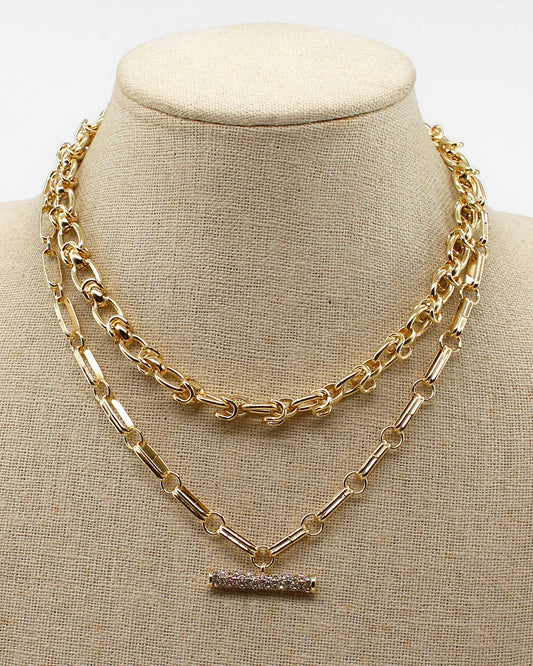 Double Layered Chain with Rhinestone Bar Accent Necklace