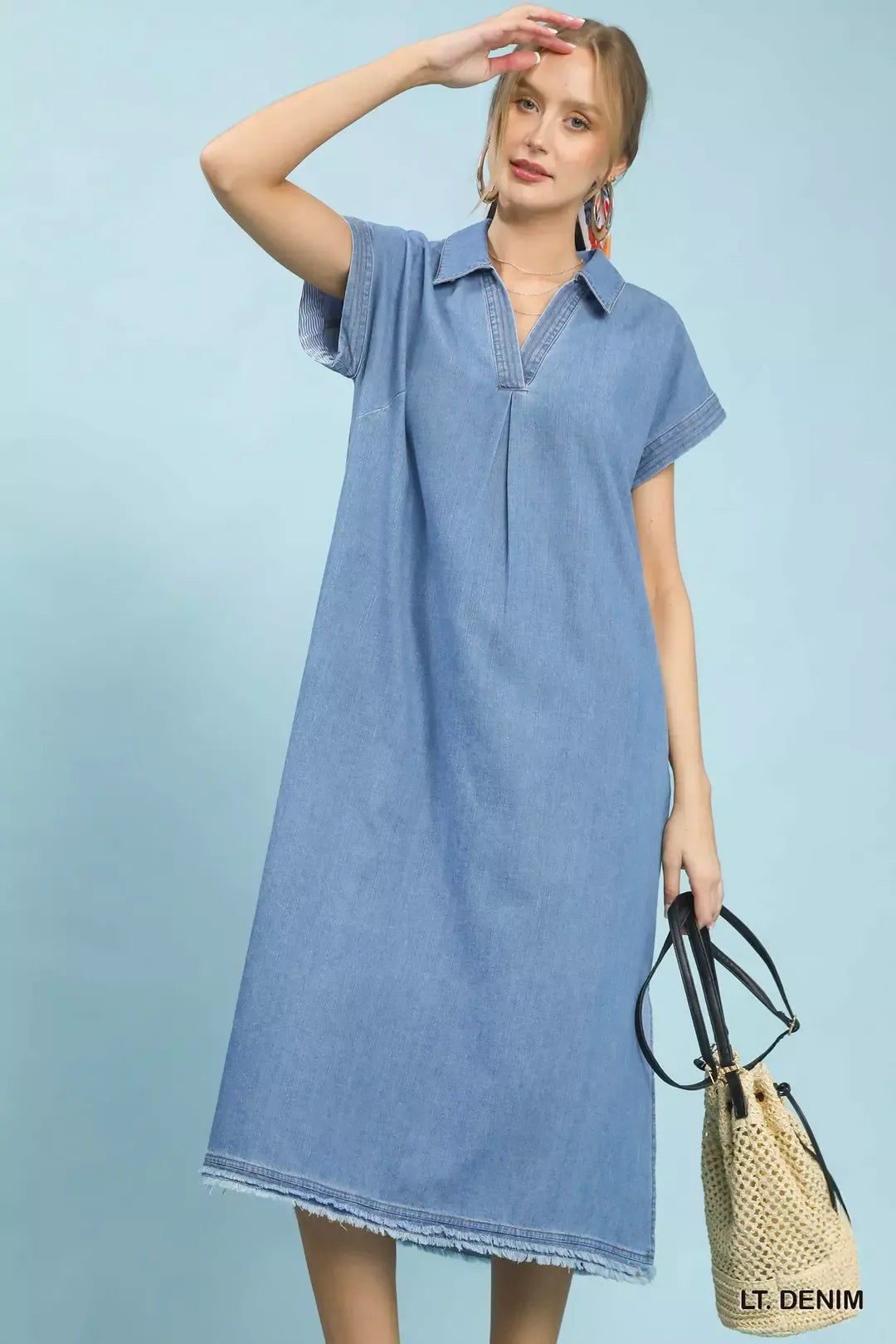 Stone Washed Collared Denim Midi Dress