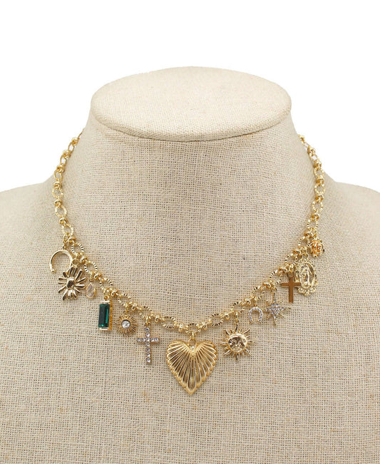 Gold Heart, Cross, and Emerald Crystal Charm Necklace