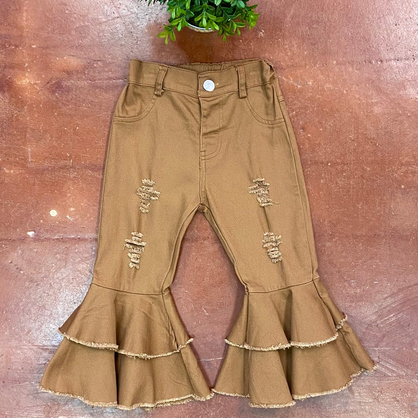 Denim Double Flare Jeans for Girls in Tan