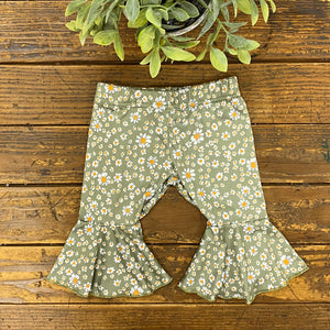Sage Floral Pleated Bell Bottoms
