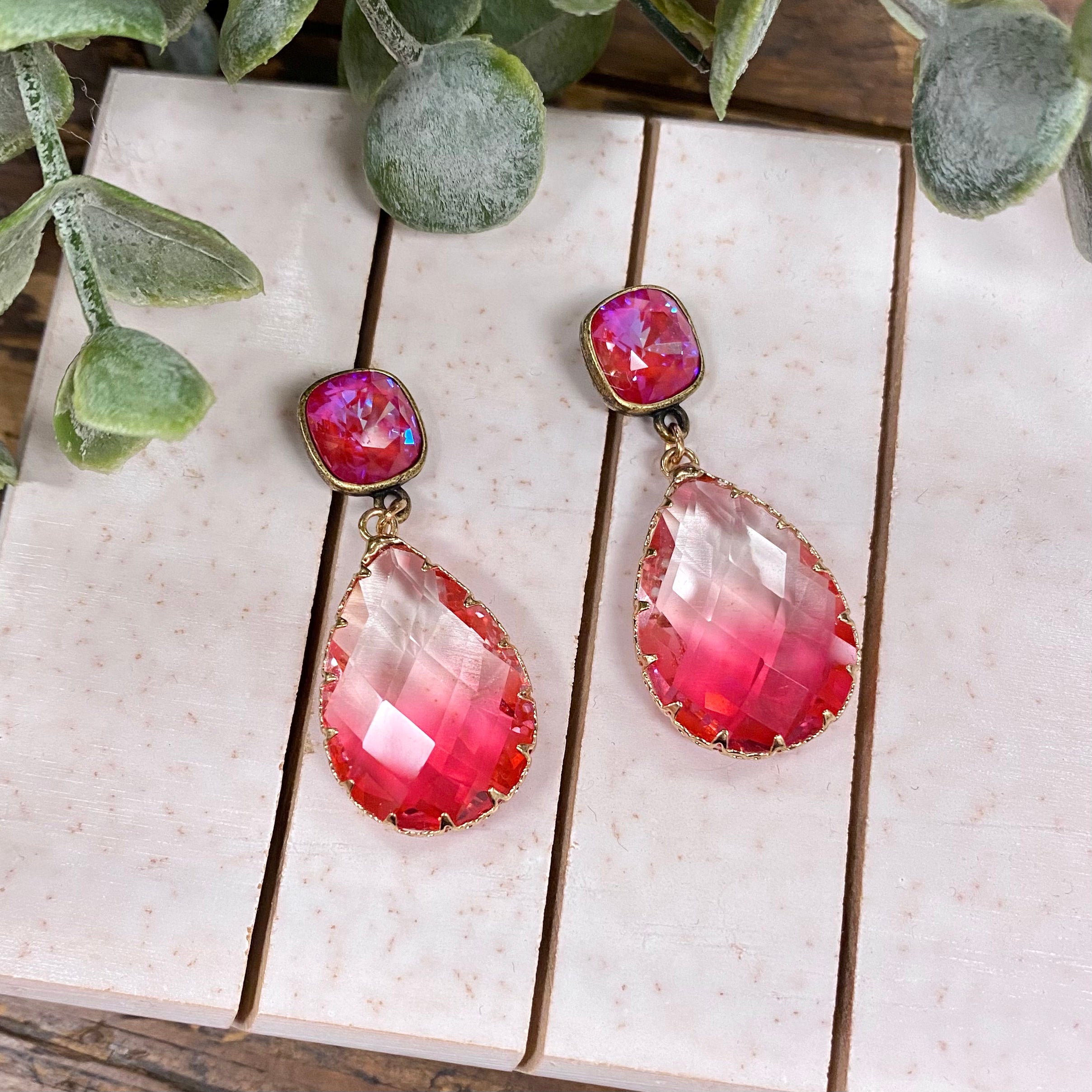 Hot Pink Double Crystal Dangle Earrings