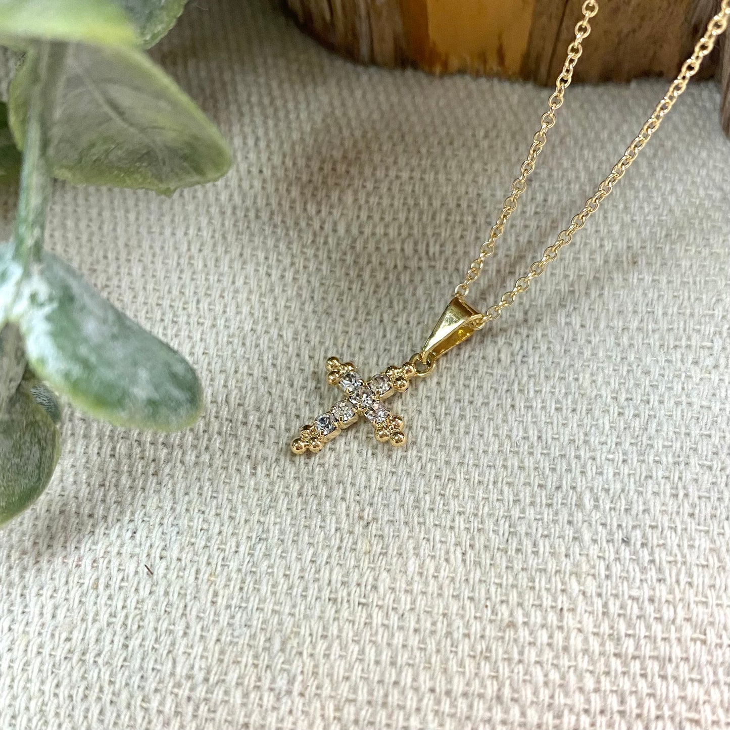 Petite CZ Cross Pendant on Gold Necklace